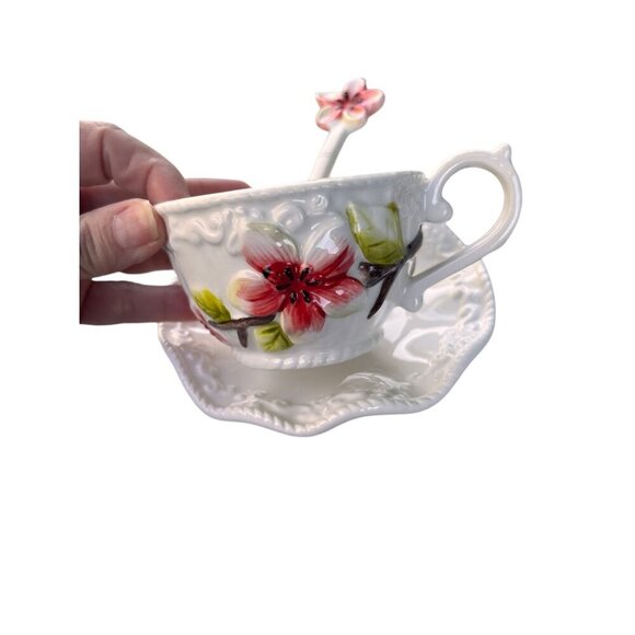 VTG Botanical Collection By Corner Ruby Floral Ceramic Teacup & Saucer Spoon Set - Picture 3 of 10
